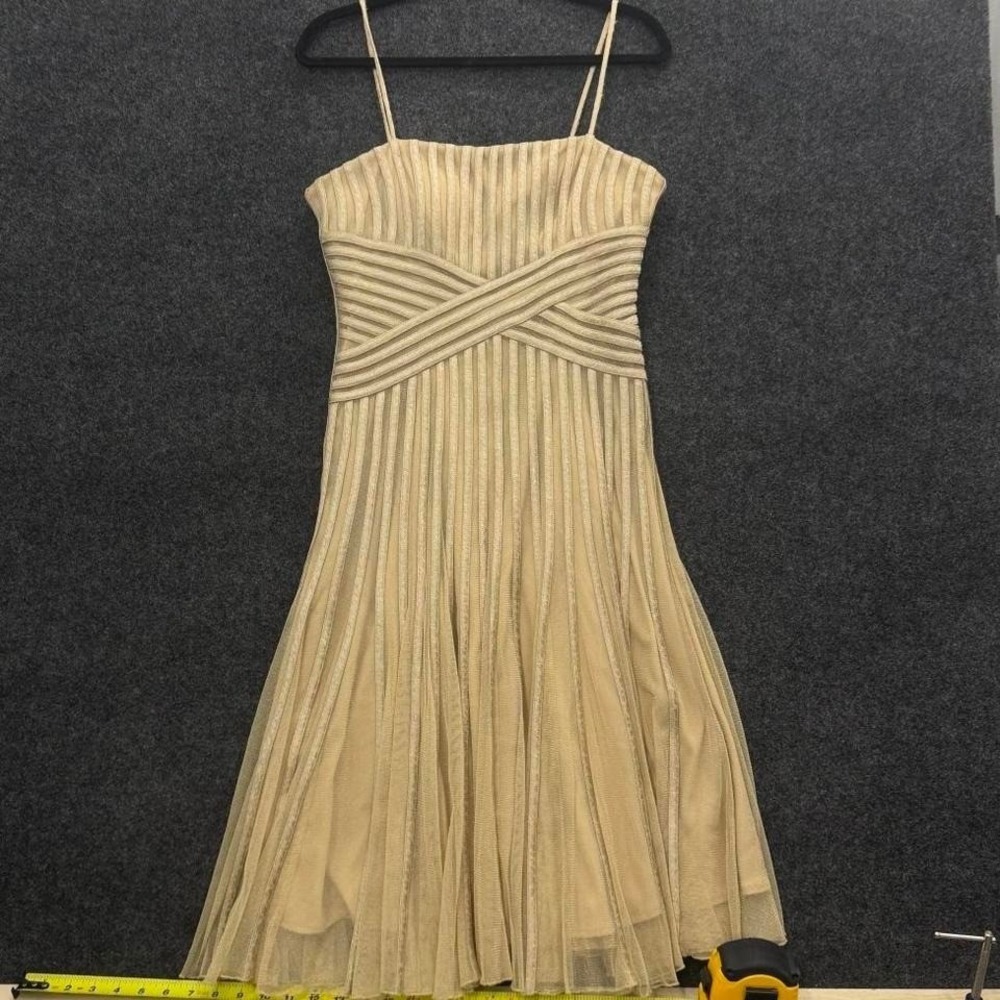JS Collections Gold Mesh Pleated Dress Women's Size 8 Formal Midi Dress